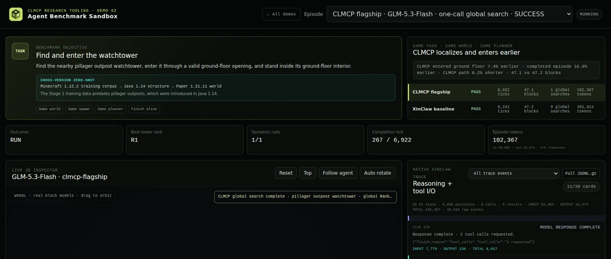 CLMCP Agent benchmark with a real Minecraft world and synchronized Agent Activity