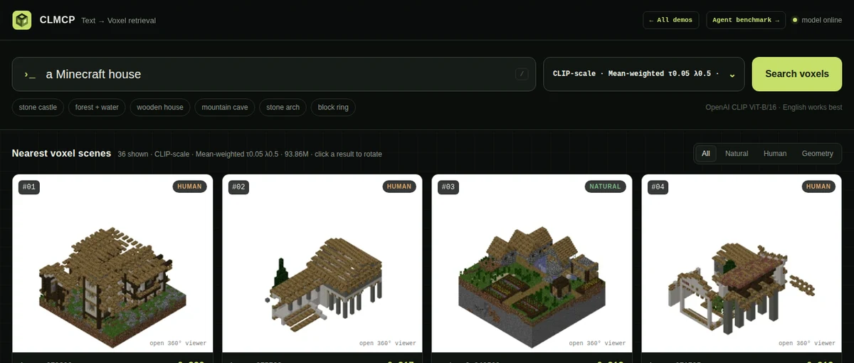 CLMCP text-to-voxel search showing ranked Minecraft voxel scenes